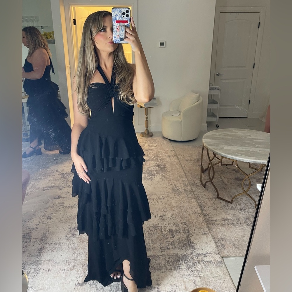 Elegant Black Halter Ruffle Tiered Dress